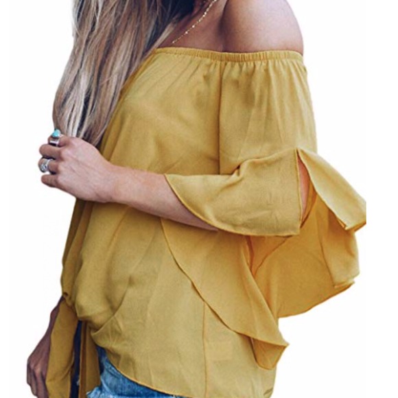 Striped Off Shoulder Bell Sleeve Shirt Tie Knot - Picture 2 of 3